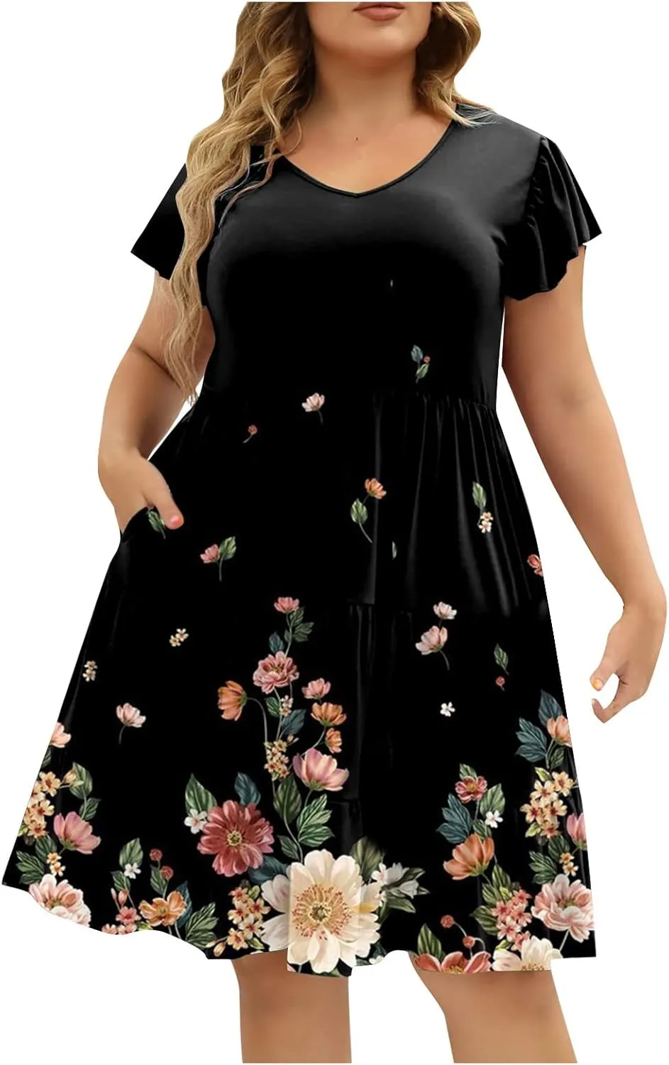 Women's Plus Size Dresses for Curvy Floral Print Short Sleeve Loose Large Hem Tshirt Dresses with Pockets