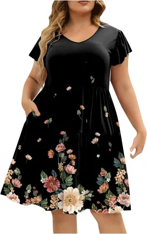 Women's Plus Size Dresses for Curvy Floral Print Short Sleeve Loose Large Hem Tshirt Dresses with Pockets