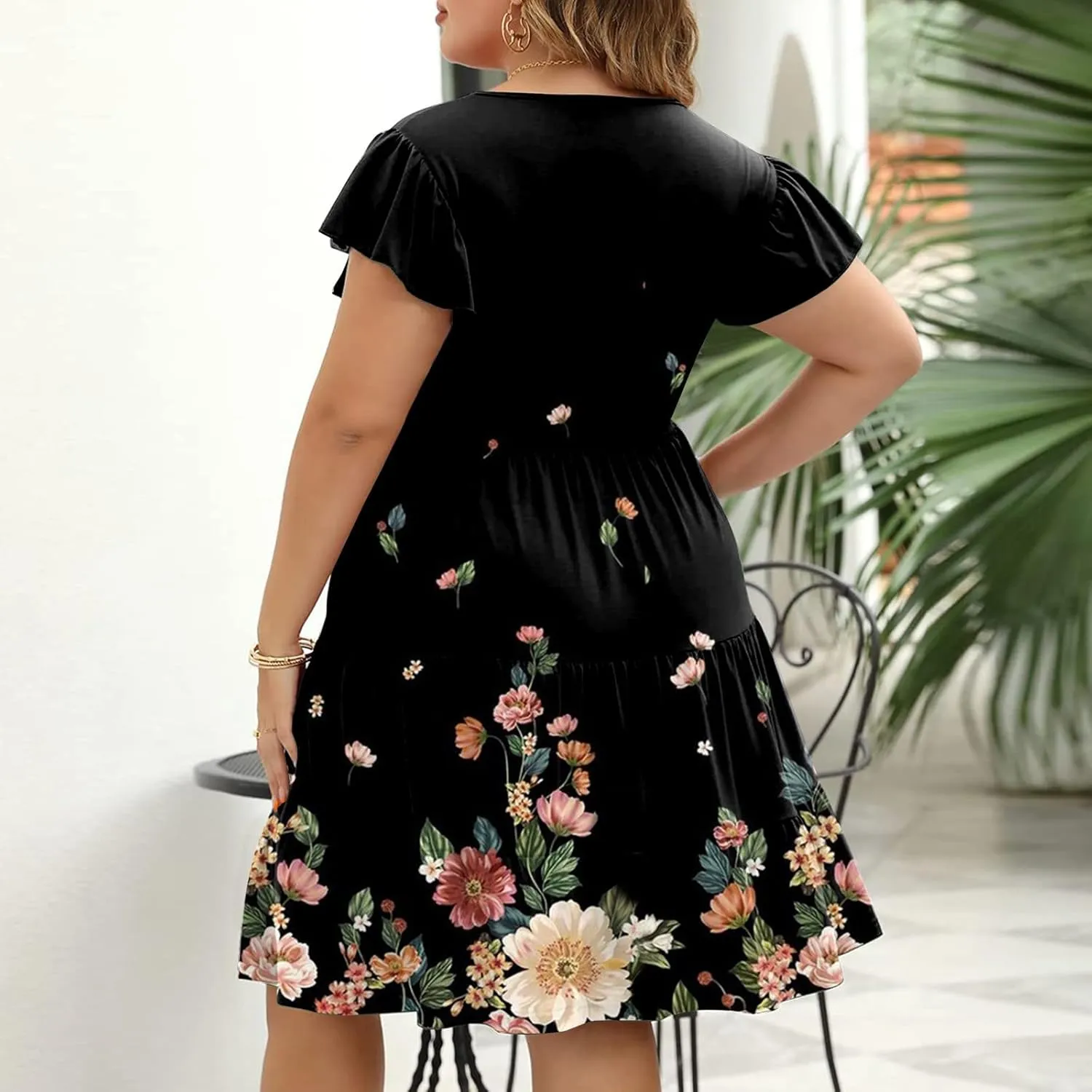 Women's Plus Size Dresses for Curvy Floral Print Short Sleeve Loose Large Hem Tshirt Dresses with Pockets