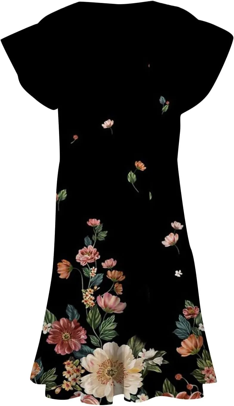 Women's Plus Size Dresses for Curvy Floral Print Short Sleeve Loose Large Hem Tshirt Dresses with Pockets