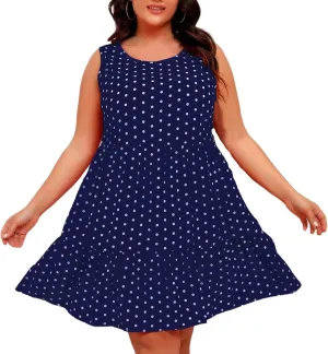 Womens Plus Size Tank Dresses Fashion Bohemian Polkadot Sleeveless Crewneck Swing Flowy Midi Dress Beach Sundress