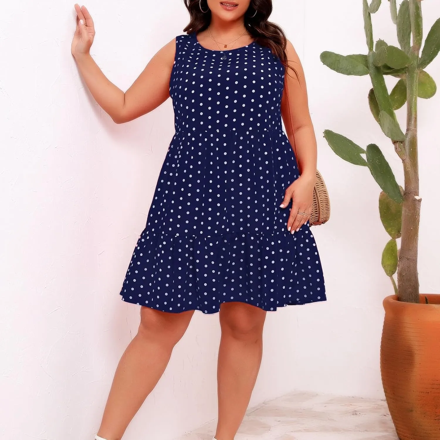 Womens Plus Size Tank Dresses Fashion Bohemian Polkadot Sleeveless Crewneck Swing Flowy Midi Dress Beach Sundress