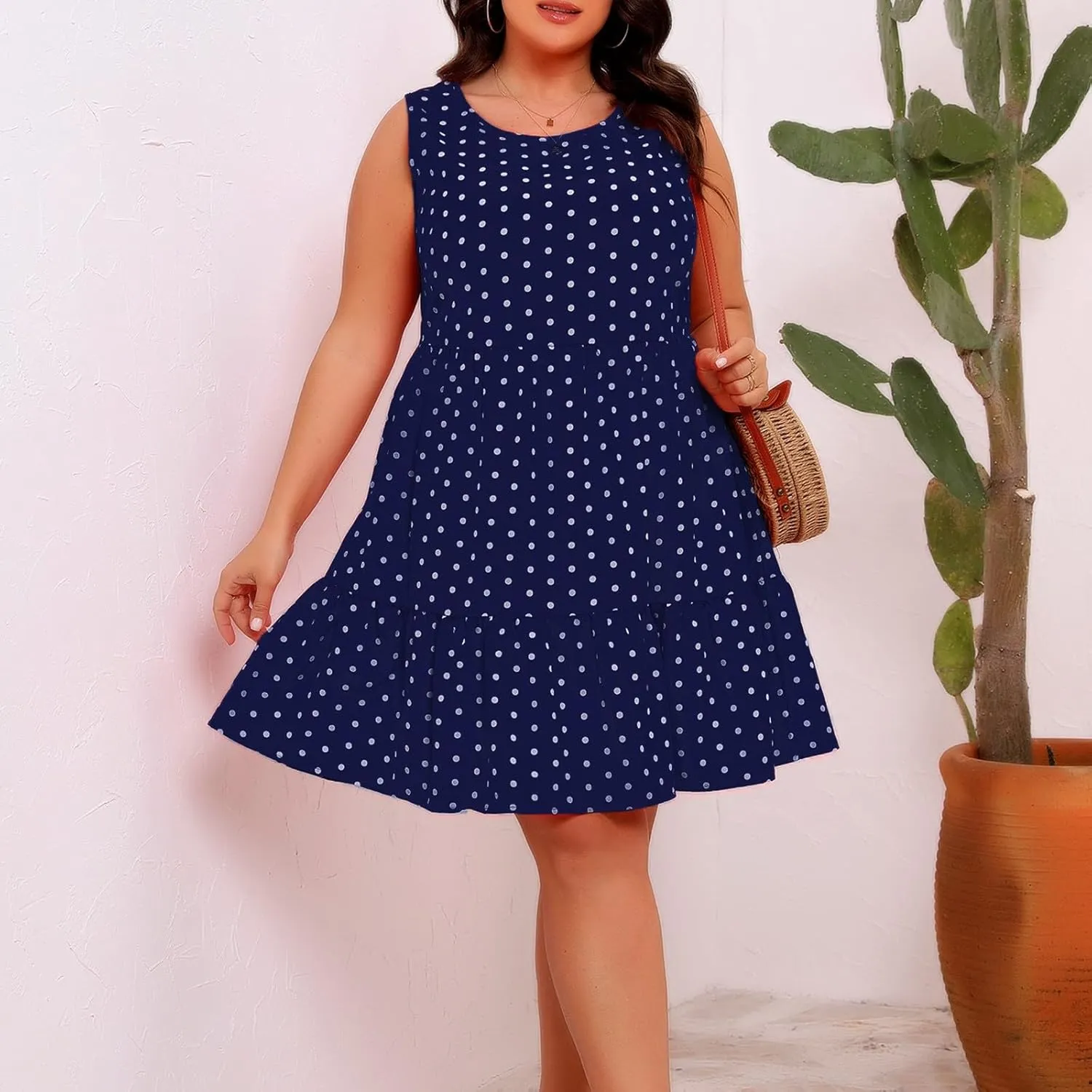 Womens Plus Size Tank Dresses Fashion Bohemian Polkadot Sleeveless Crewneck Swing Flowy Midi Dress Beach Sundress