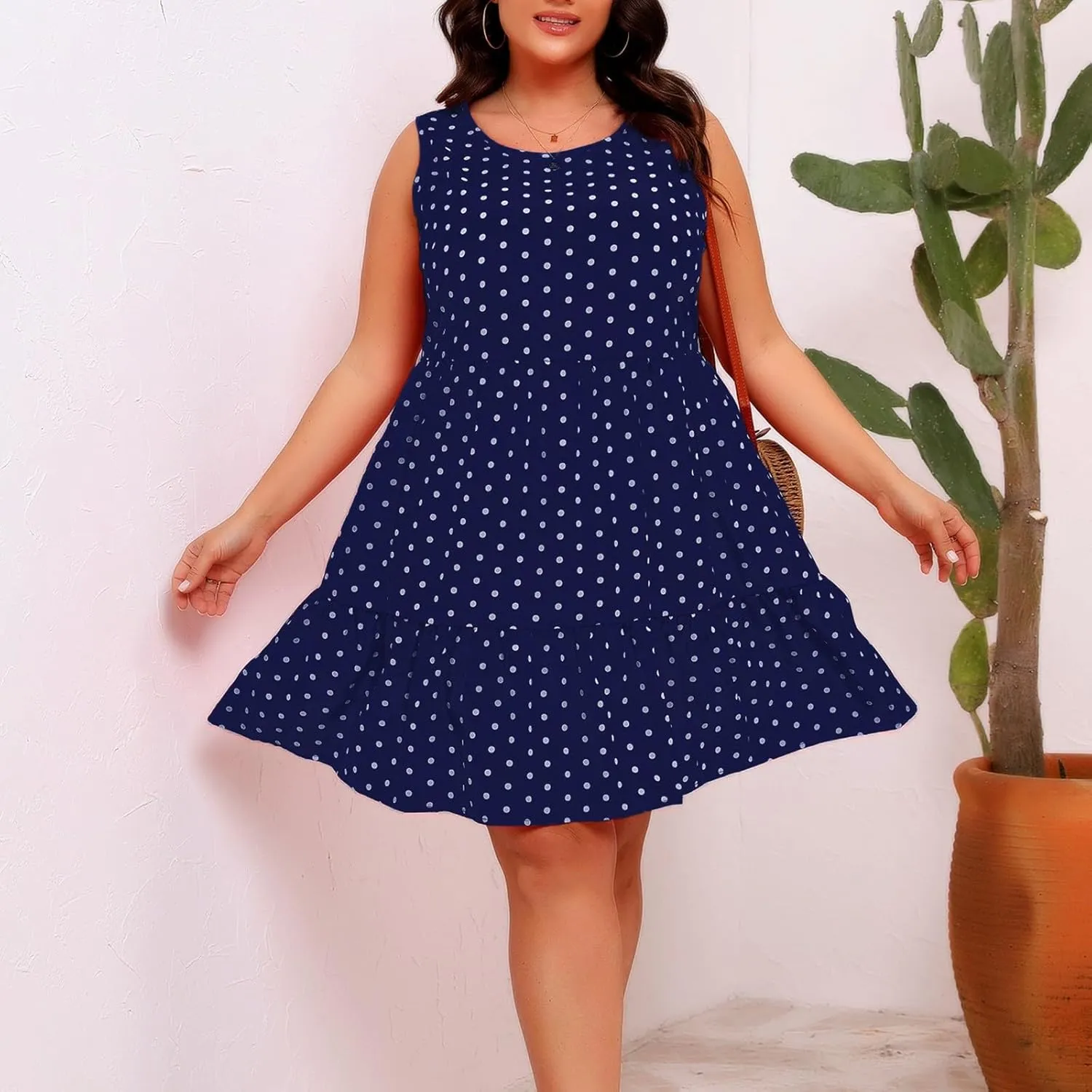 Womens Plus Size Tank Dresses Fashion Bohemian Polkadot Sleeveless Crewneck Swing Flowy Midi Dress Beach Sundress