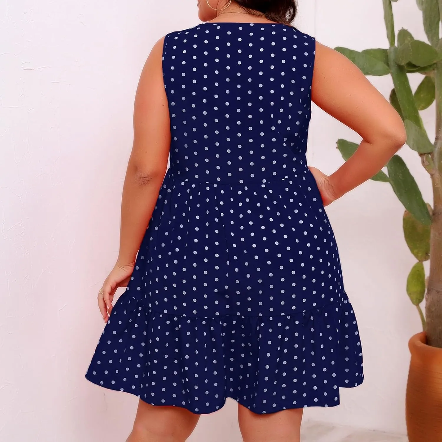 Womens Plus Size Tank Dresses Fashion Bohemian Polkadot Sleeveless Crewneck Swing Flowy Midi Dress Beach Sundress