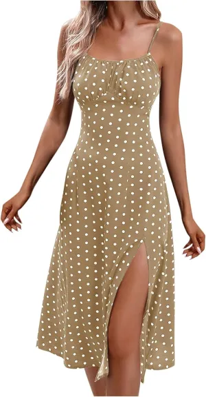 Womens Polka Dot High Split Midi Dresses Square Neck Spaghetti Strap Tie Halter Dress Summer Beach Y2k Sun Dresses