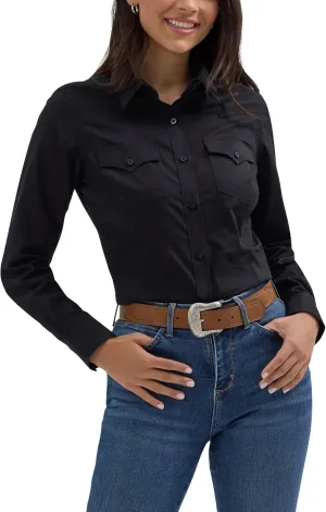 Women's Retro Long Sleeve Cool Blue Solid Western Shirt