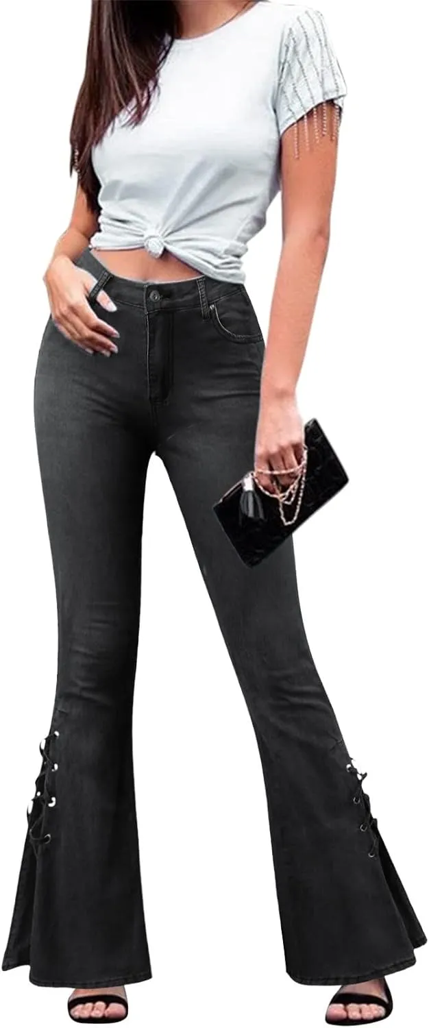 Women's Ripped Flare Bell Bottom Mid Waist Lace Up Hole Stretch Vintage Baggy Straight Denim Jeans Pants Trousers Streetwear
