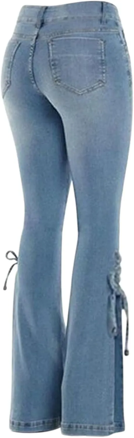 Women's Ripped Flare Bell Bottom Mid Waist Lace Up Hole Stretch Vintage Baggy Straight Denim Jeans Pants Trousers Streetwear