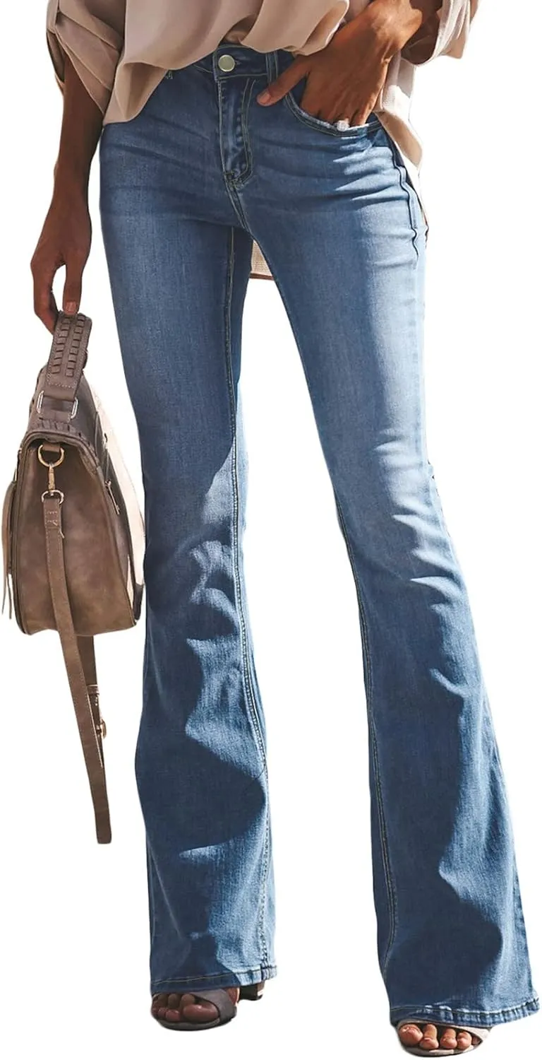 Women's Ripped Flare Bell Bottom Mid Waist Lace Up Hole Stretch Vintage Baggy Straight Denim Jeans Pants Trousers Streetwear