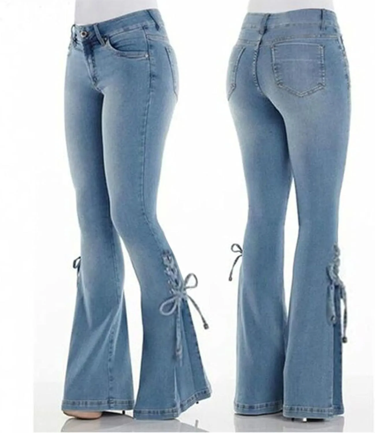 Women's Ripped Flare Bell Bottom Mid Waist Lace Up Hole Stretch Vintage Baggy Straight Denim Jeans Pants Trousers Streetwear