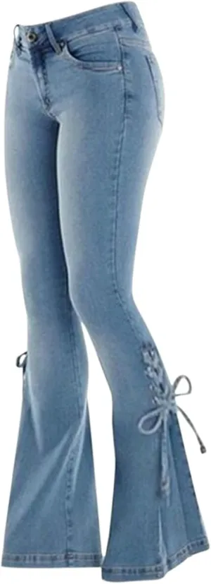 Women's Ripped Flare Bell Bottom Mid Waist Lace Up Hole Stretch Vintage Baggy Straight Denim Jeans Pants Trousers Streetwear