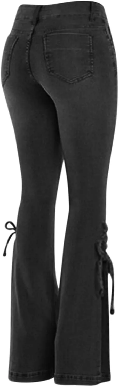 Women's Ripped Flare Bell Bottom Mid Waist Lace Up Hole Stretch Vintage Baggy Straight Denim Jeans Pants Trousers Streetwear