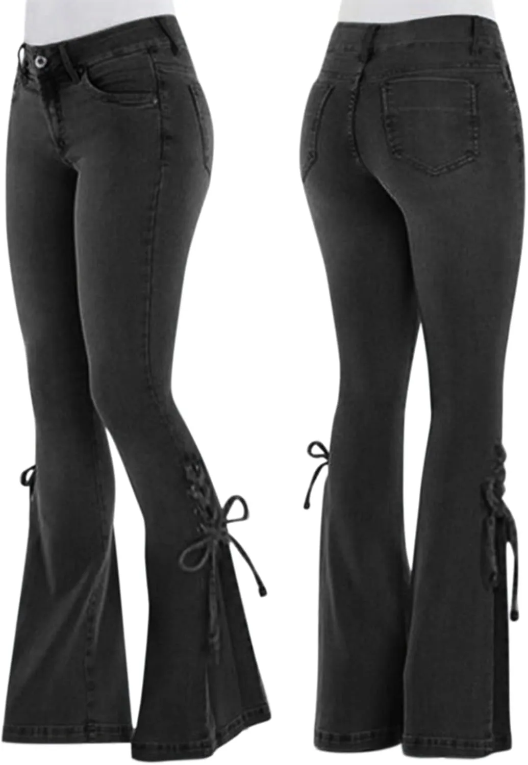 Women's Ripped Flare Bell Bottom Mid Waist Lace Up Hole Stretch Vintage Baggy Straight Denim Jeans Pants Trousers Streetwear