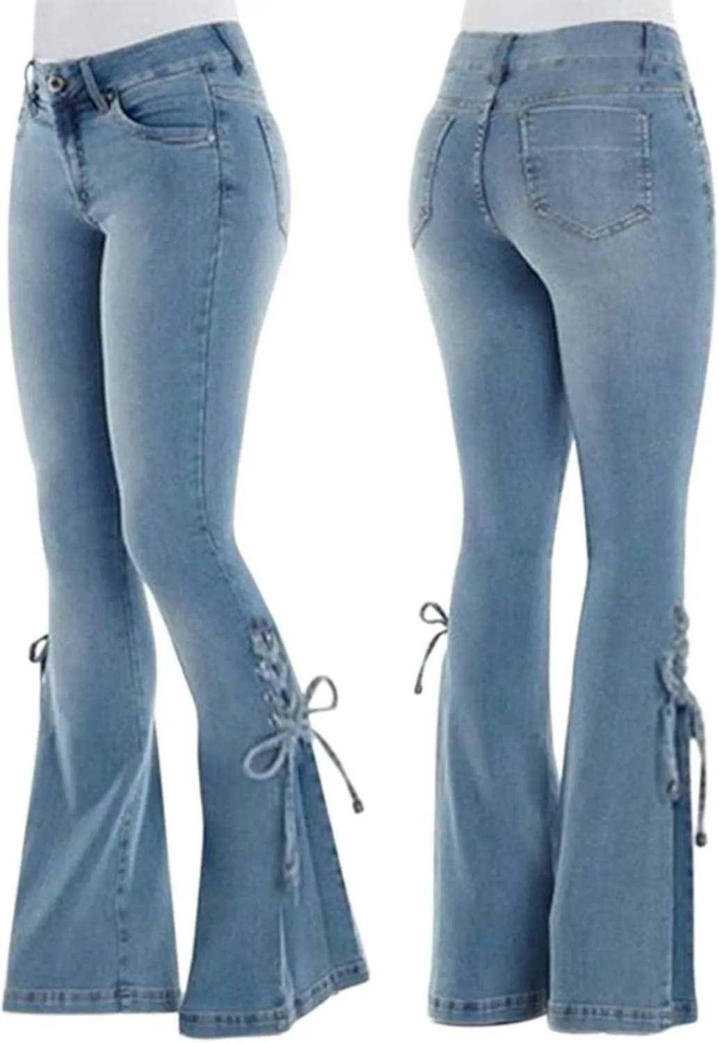 Women's Ripped Flare Bell Bottom Mid Waist Lace Up Hole Stretch Vintage Baggy Straight Denim Jeans Pants Trousers Streetwear