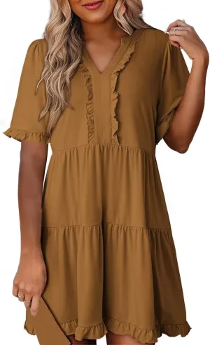 Women's Ruffle Short Sleeve V-Neck Layered Swing Dress Casual A Line Flowy Mini Dresses Tiered Babydoll Sundress