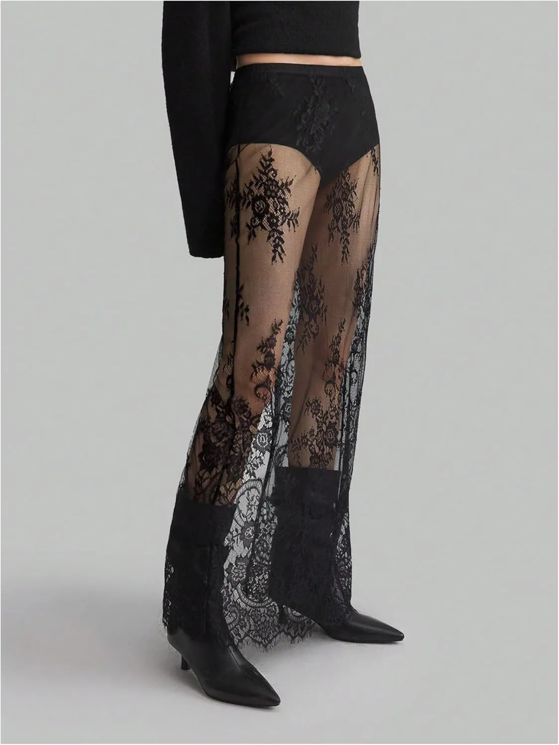 Women's Sheer Floral Lace Long Skirt See Through High Waisted A Line Maxi Skirts Split Behind Sexy Maxi Skirt