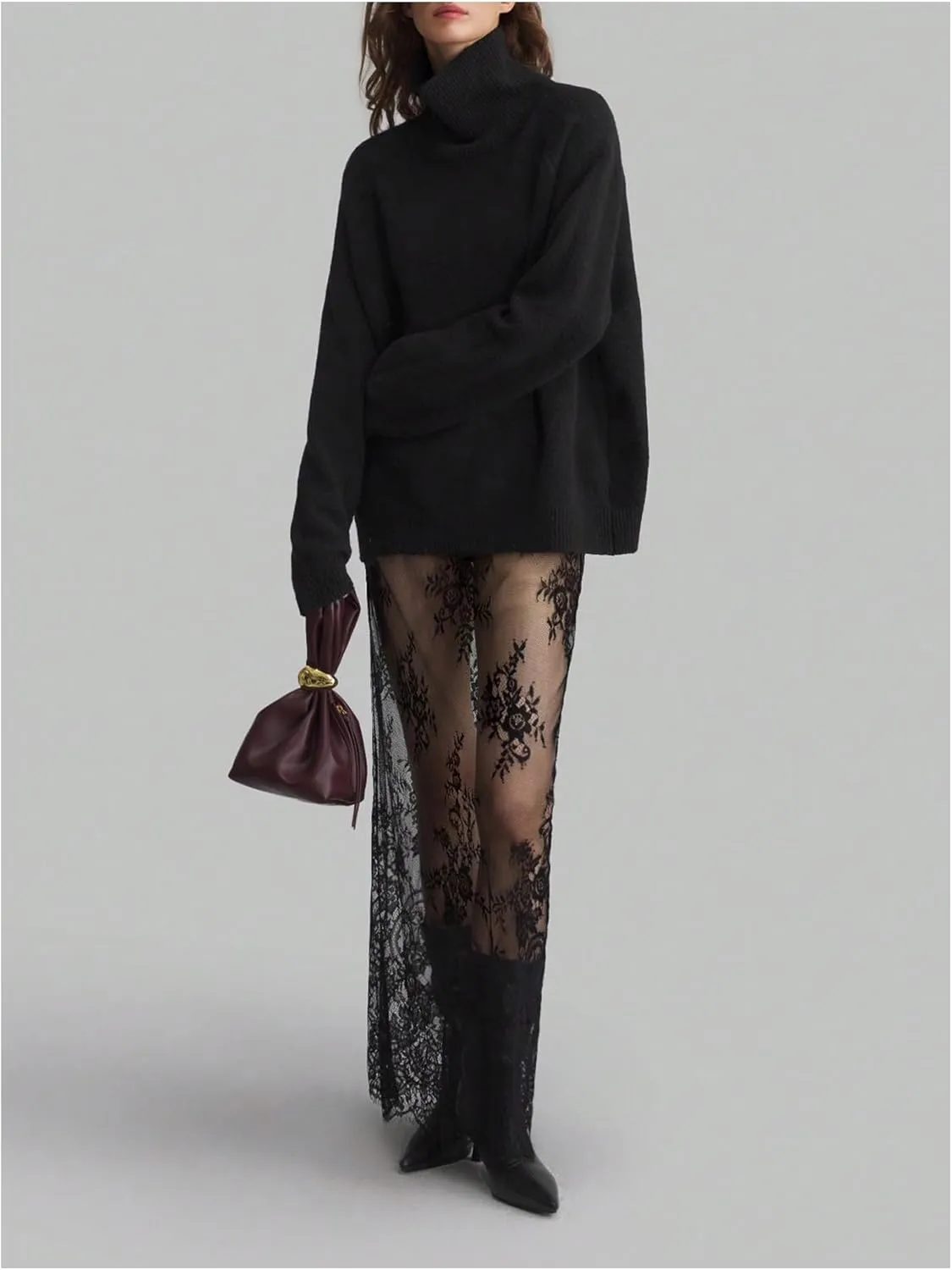 Women's Sheer Floral Lace Long Skirt See Through High Waisted A Line Maxi Skirts Split Behind Sexy Maxi Skirt