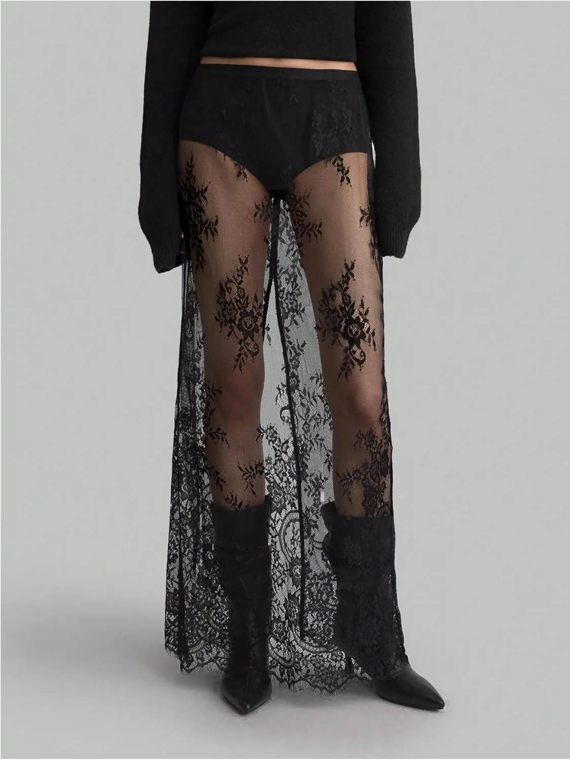 Women's Sheer Floral Lace Long Skirt See Through High Waisted A Line Maxi Skirts Split Behind Sexy Maxi Skirt