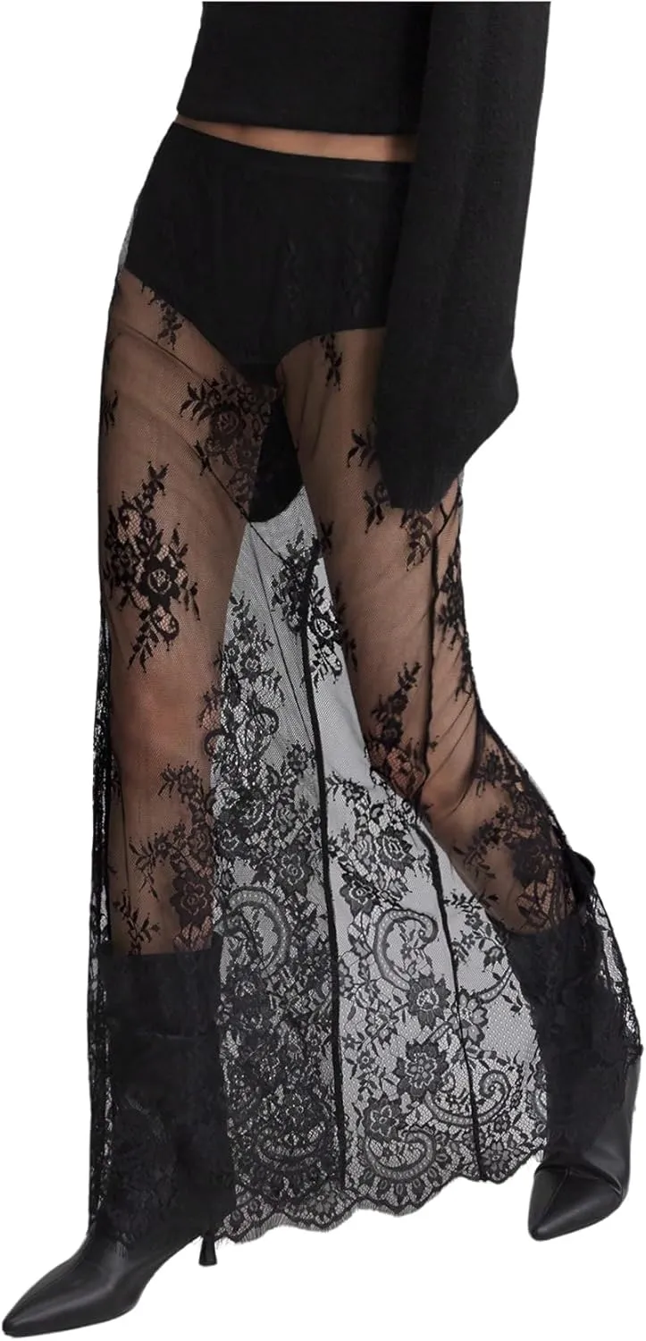 Women's Sheer Floral Lace Long Skirt See Through High Waisted A Line Maxi Skirts Split Behind Sexy Maxi Skirt