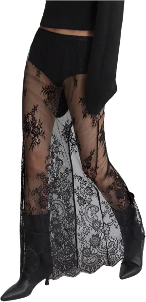 Women's Sheer Floral Lace Long Skirt See Through High Waisted A Line Maxi Skirts Split Behind Sexy Maxi Skirt