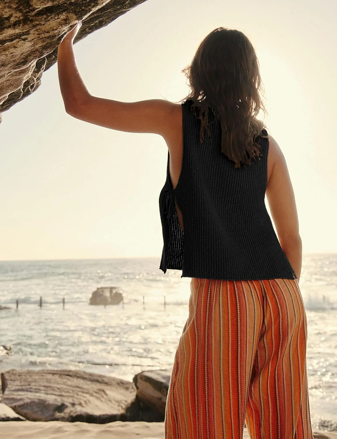 Womens Spring Summer Sleeveless Side Tie Sweater Top Stylish Ribbed Knit Dropped Tank 2025