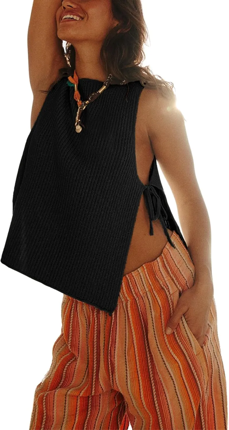 Womens Spring Summer Sleeveless Side Tie Sweater Top Stylish Ribbed Knit Dropped Tank 2025