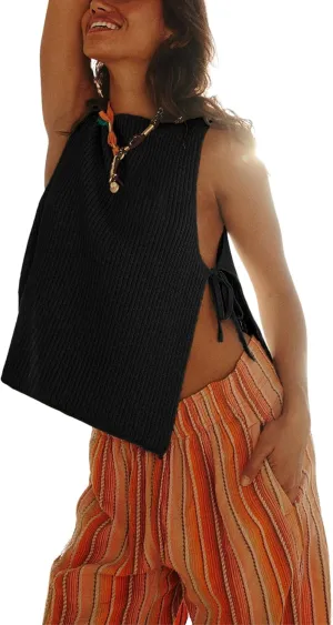 Womens Spring Summer Sleeveless Side Tie Sweater Top Stylish Ribbed Knit Dropped Tank 2025