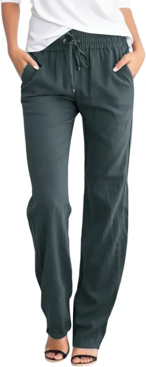 Women's Straight Leg Long Pants Elastic High Waist Drawstring Loose Casual Pants Solid Color Trousers with Pockets