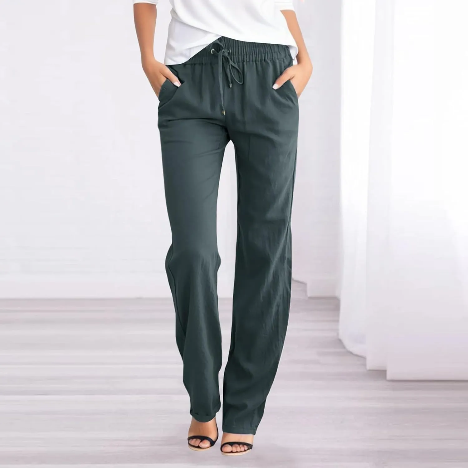 Women's Straight Leg Long Pants Elastic High Waist Drawstring Loose Casual Pants Solid Color Trousers with Pockets