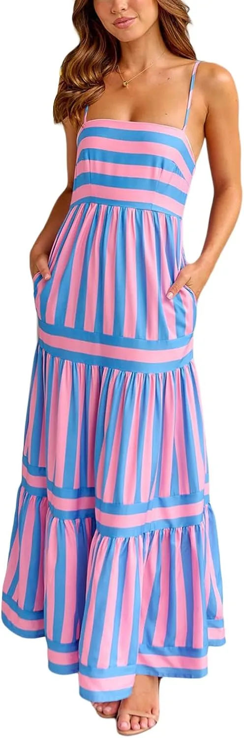 Women's Striped Maxi Dress Spaghetti Strap Sleeveless Cutout Long Dress Flowy Swing Beach Sun Dress