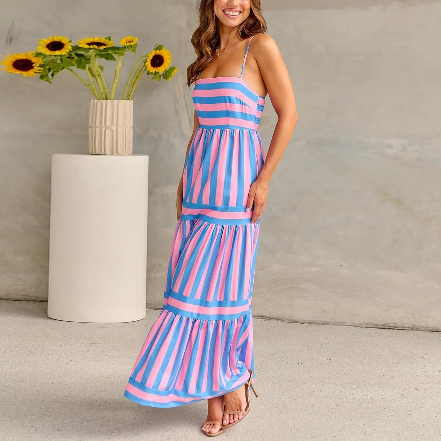 Women's Striped Maxi Dress Spaghetti Strap Sleeveless Cutout Long Dress Flowy Swing Beach Sun Dress