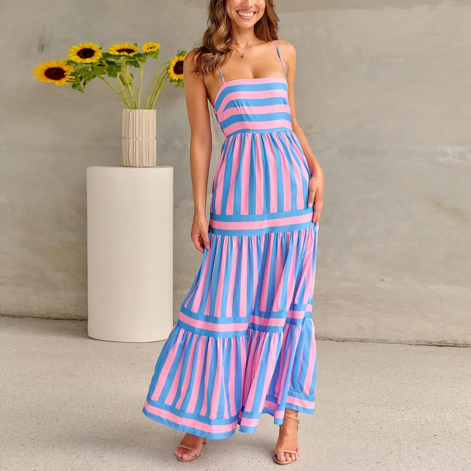 Women's Striped Maxi Dress Spaghetti Strap Sleeveless Cutout Long Dress Flowy Swing Beach Sun Dress