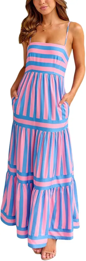 Women's Striped Maxi Dress Spaghetti Strap Sleeveless Cutout Long Dress Flowy Swing Beach Sun Dress
