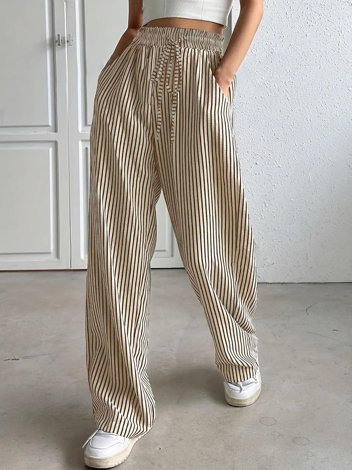 Women's Striped Straight Leg Pants - High Waist Casual Trousers Elastic Workwear Lounge Pants for Daily Office Outfits