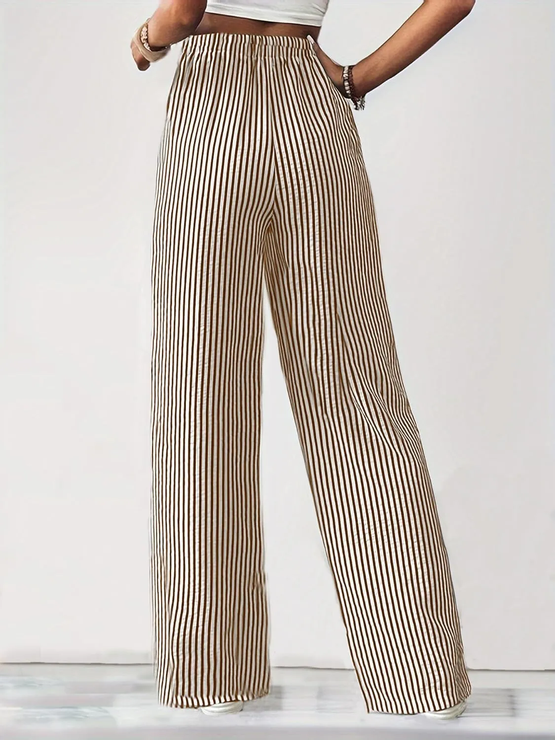 Women's Striped Straight Leg Pants - High Waist Casual Trousers Elastic Workwear Lounge Pants for Daily Office Outfits