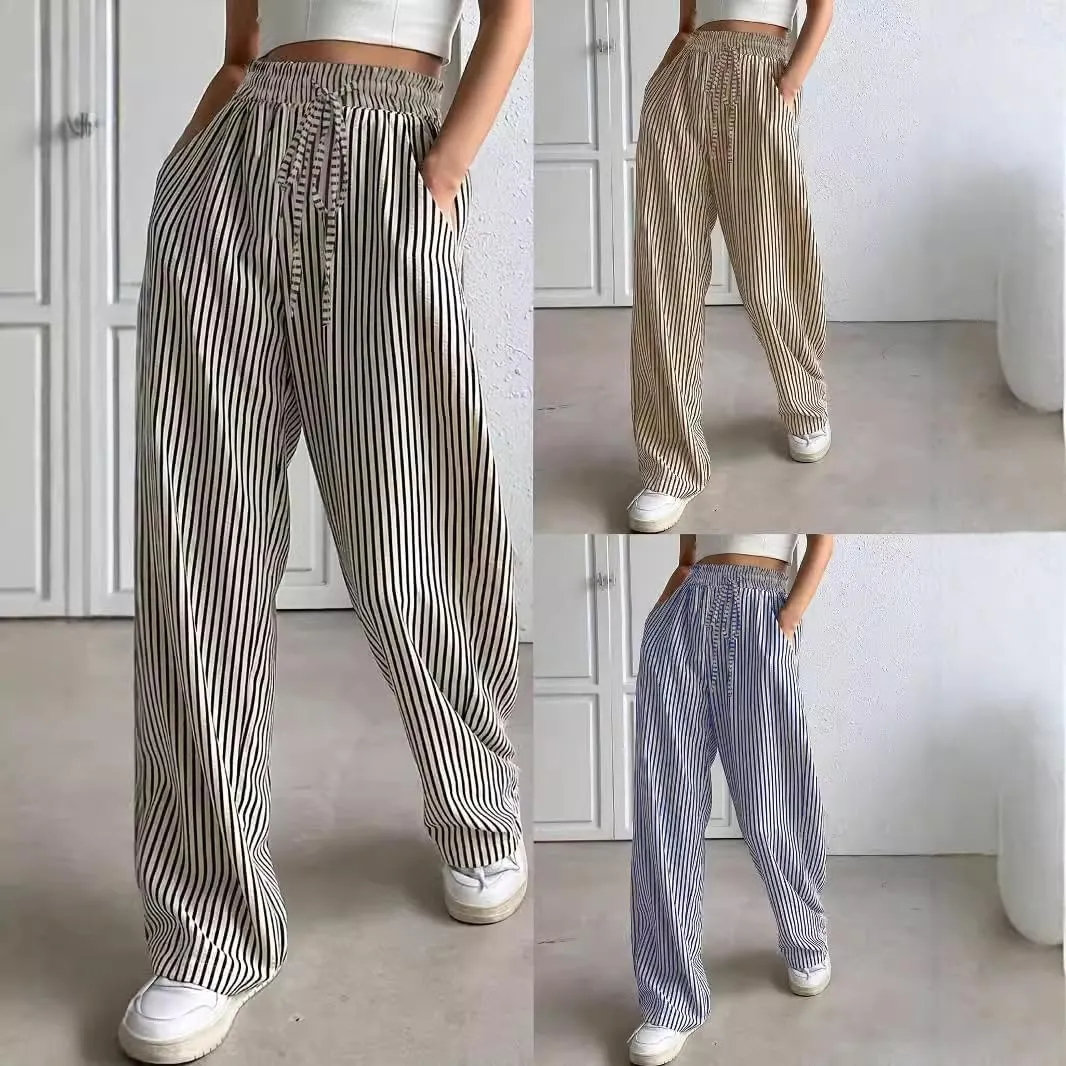 Women's Striped Straight Leg Pants - High Waist Casual Trousers Elastic Workwear Lounge Pants for Daily Office Outfits