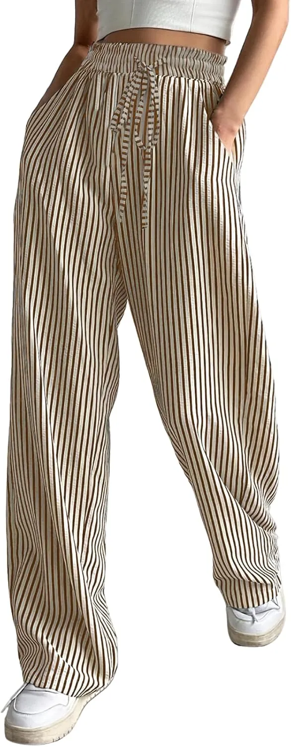Women's Striped Straight Leg Pants - High Waist Casual Trousers Elastic Workwear Lounge Pants for Daily Office Outfits