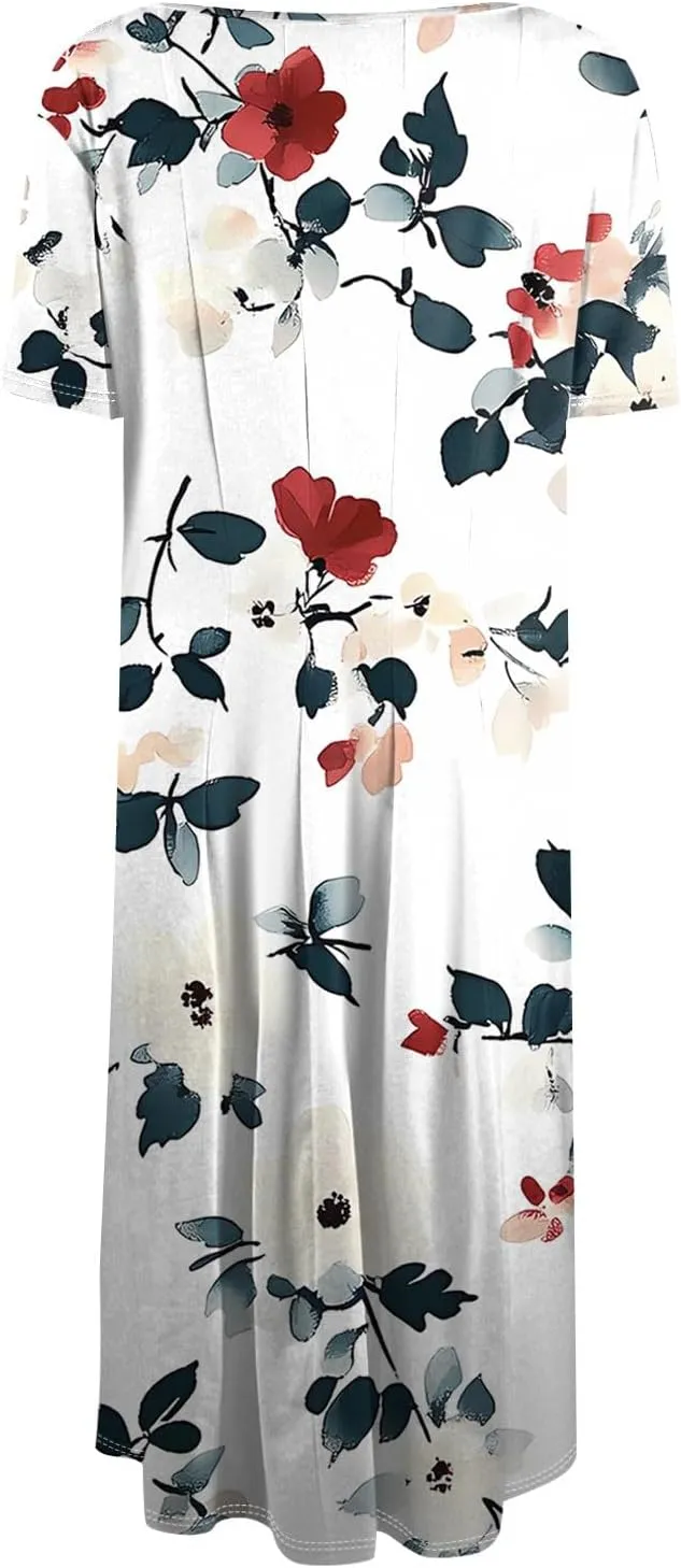 Women's Summer Casual Loose Trendy Beach Dress V-Neck Short Sleeve Floral Print Maxi Dresses, S-3XL