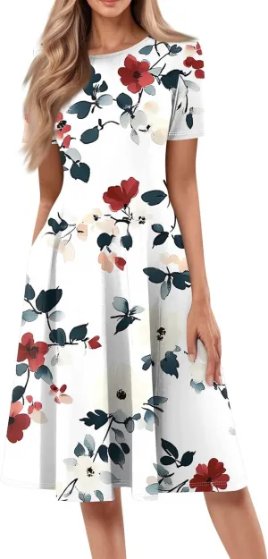 Women's Summer Casual Loose Trendy Beach Dress V-Neck Short Sleeve Floral Print Maxi Dresses, S-3XL