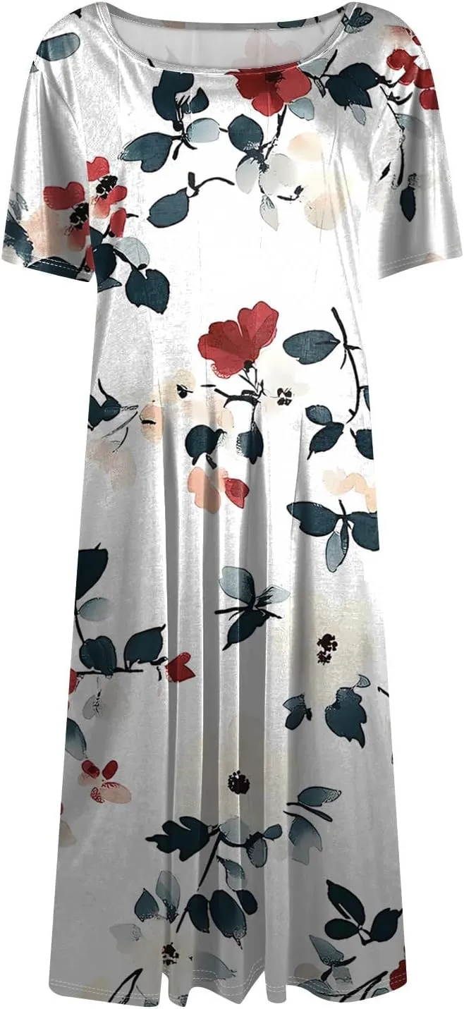 Women's Summer Casual Loose Trendy Beach Dress V-Neck Short Sleeve Floral Print Maxi Dresses, S-3XL