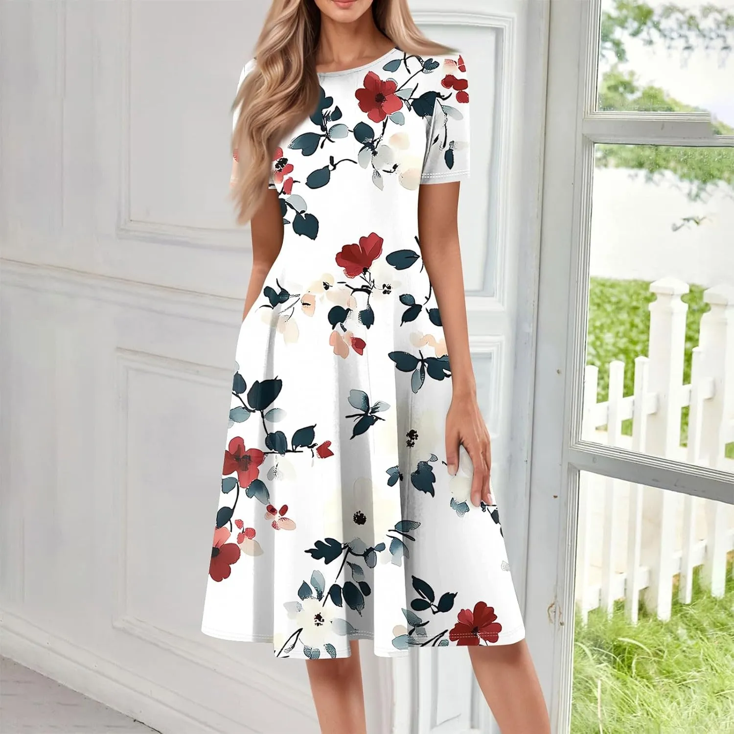 Women's Summer Casual Loose Trendy Beach Dress V-Neck Short Sleeve Floral Print Maxi Dresses, S-3XL