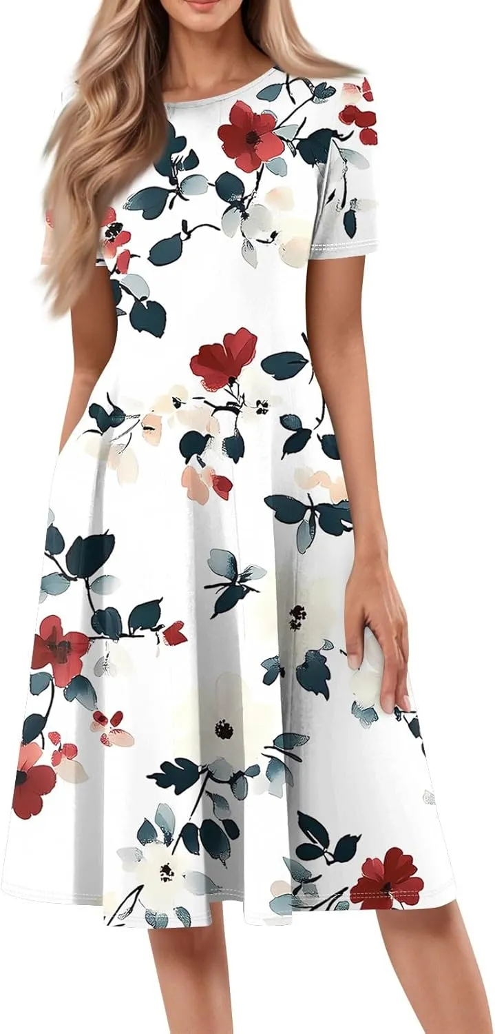 Women's Summer Casual Loose Trendy Beach Dress V-Neck Short Sleeve Floral Print Maxi Dresses, S-3XL