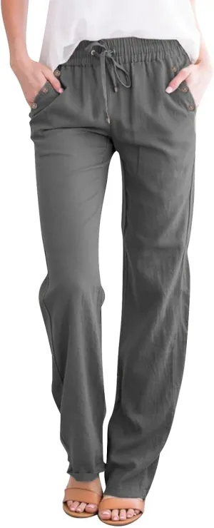 Women's Summer Casual Yoga Palazzo Pants Solid Color Drawstring High Waist Loose Fit Linen Straight Trousers Pockets