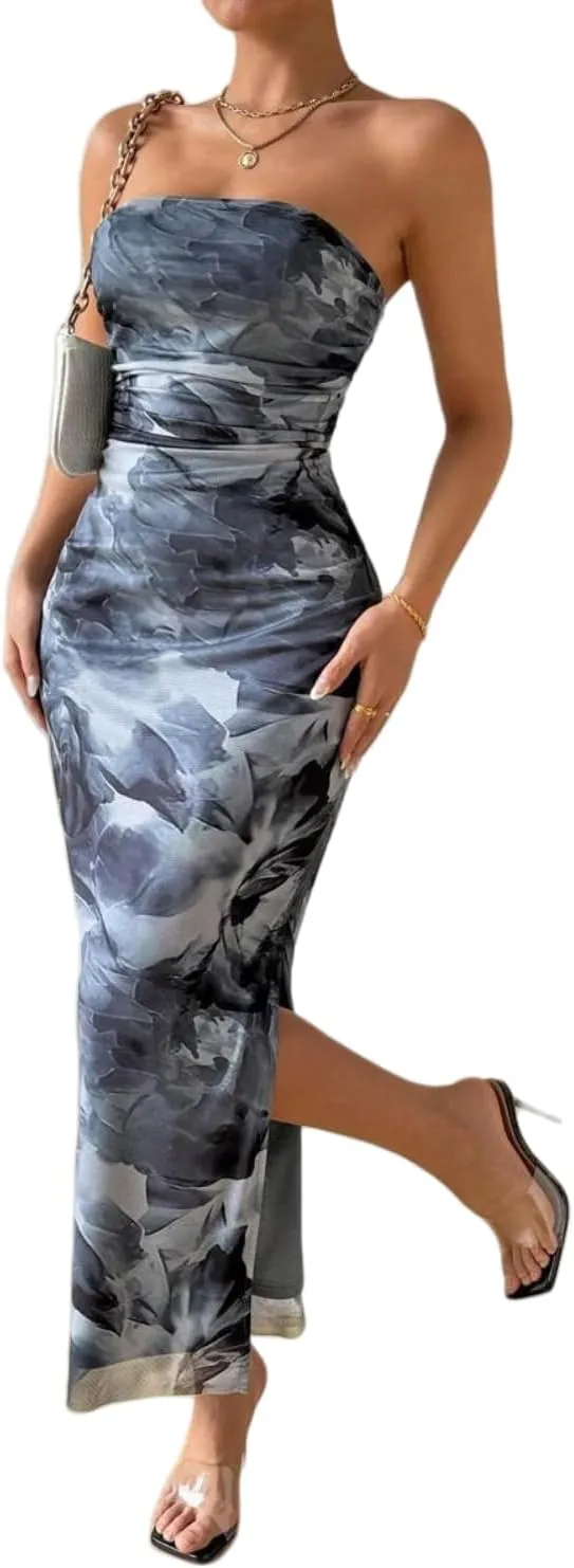 Women's Summer Dress Printed Strapless Tube Top Dress Bodycon Maxi Dress Side Slit Mesh Layered