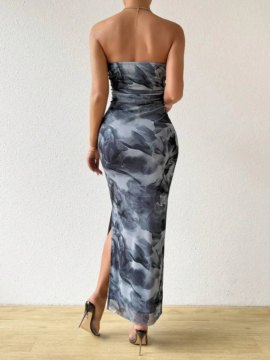 Women's Summer Dress Printed Strapless Tube Top Dress Bodycon Maxi Dress Side Slit Mesh Layered