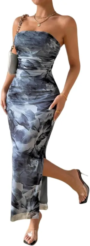 Women's Summer Dress Printed Strapless Tube Top Dress Bodycon Maxi Dress Side Slit Mesh Layered