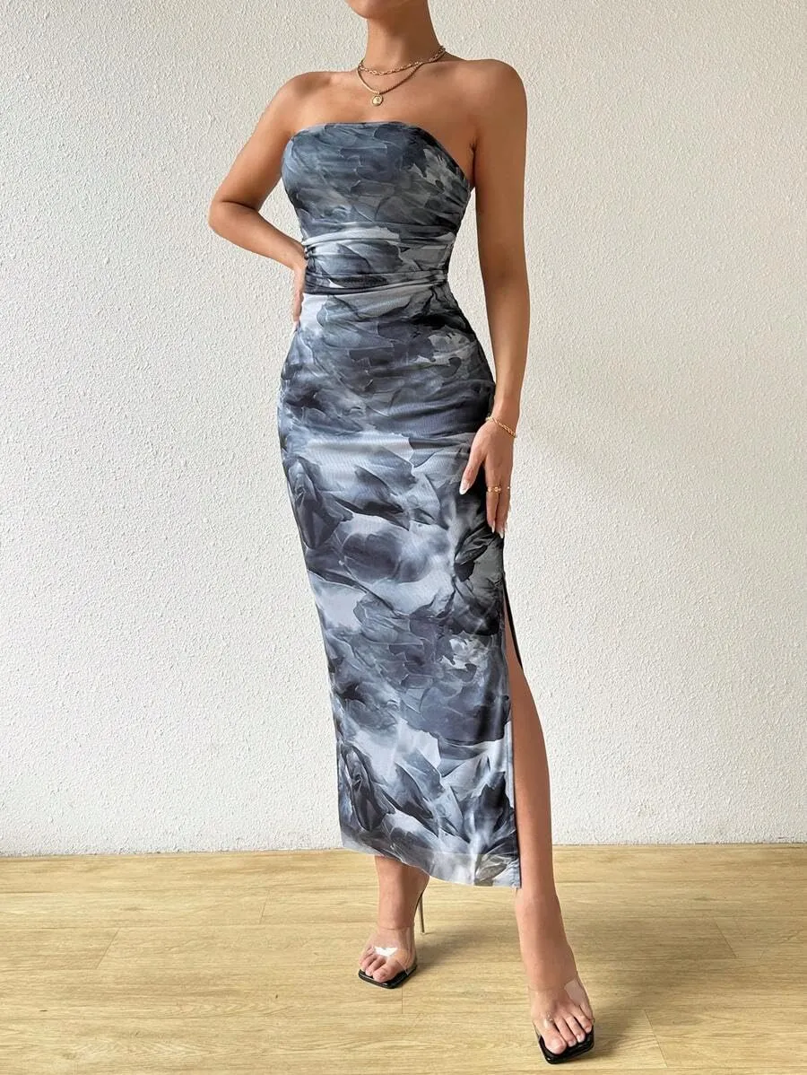 Women's Summer Dress Printed Strapless Tube Top Dress Bodycon Maxi Dress Side Slit Mesh Layered