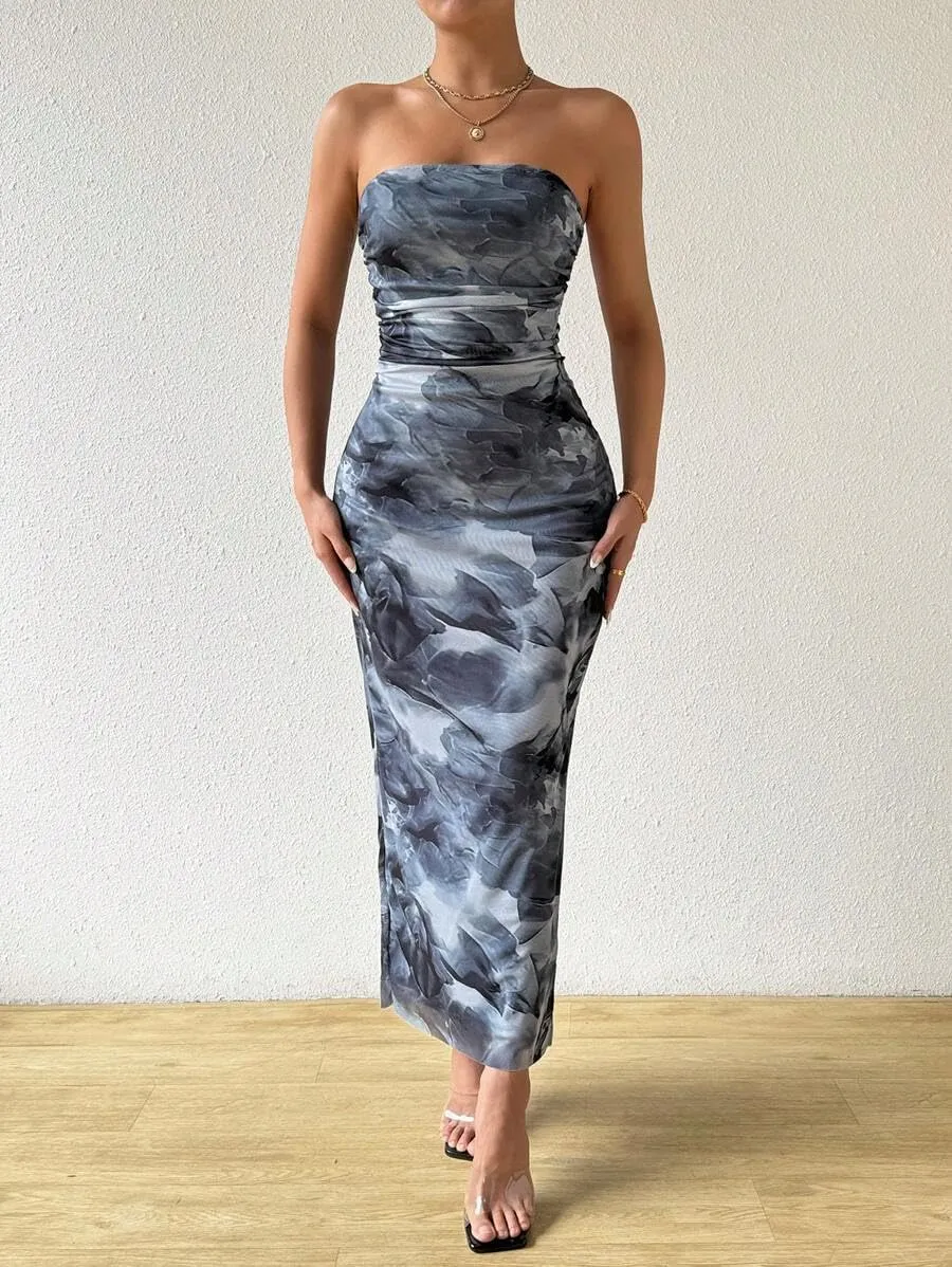 Women's Summer Dress Printed Strapless Tube Top Dress Bodycon Maxi Dress Side Slit Mesh Layered