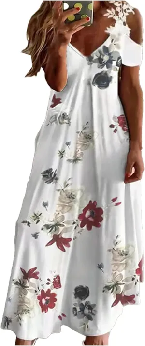 Women's Summer Dresses Boho Floral Print Loose Casual V-Neck Short Sleeve Long Maxi Dress 2024 Casual, S-3XL